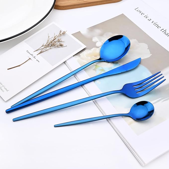 24Pcs Blue Mirror Silverware Flatware Set, 18/0 Stainless Steel Cutlery Set Utensils Kitchen Dinnerware Include Knife Fork Spoon and Teaspoon, Service for 4