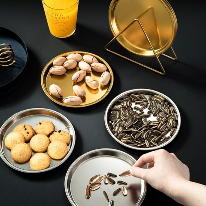 Wakauto Stainless Steel Pastry Serving Tray and Roast Meat Food Plate Set with Storage Rack, Modern Silver, 6pcs Snack Dish Collection for Restaurant and Home Use