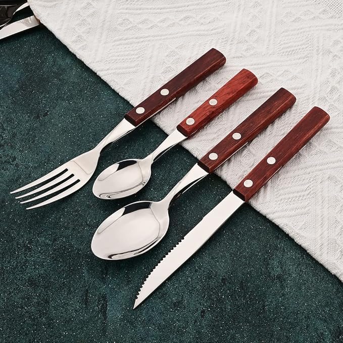Silver Flatware Cutlery Set with Red Wood Handle, 18/8 (304) Stainless Steel Silverware Set, Include Forks Spoons and Knives, Mirror Poolished, 16-Piece (4 sets)