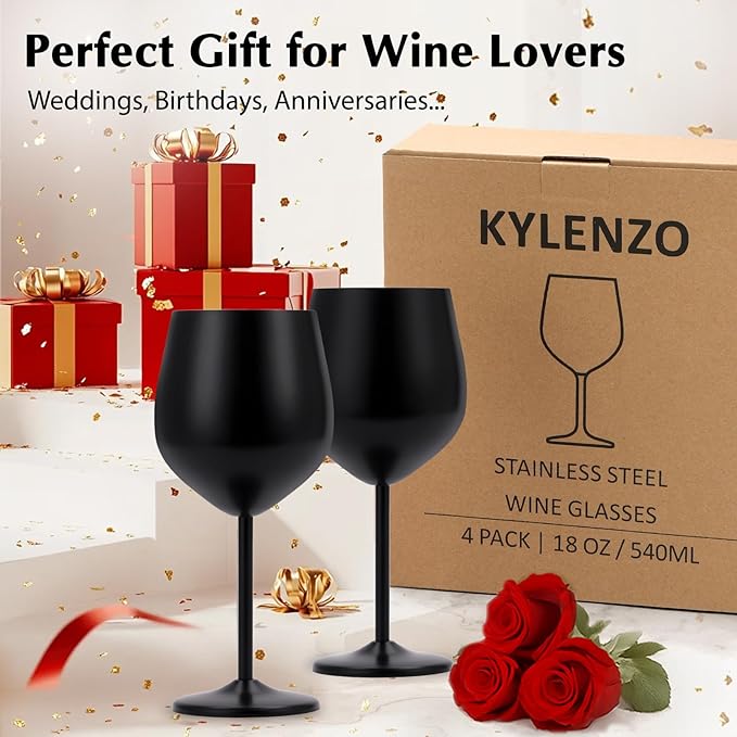 Black Wine Glasses Set of 4, 18oz Stainless Steel Unbreakable Goblets - Outdoor Metal Cups for Camping, Hiking Adventures