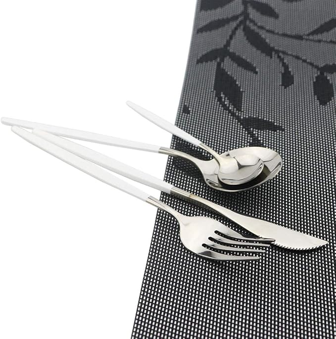 JASHII 24 Piece Titanium White Plated Stainless Steel Flatware Set, Flatware Set, Cutlery Set Service for 6 (White Handle, Shiny Silver)