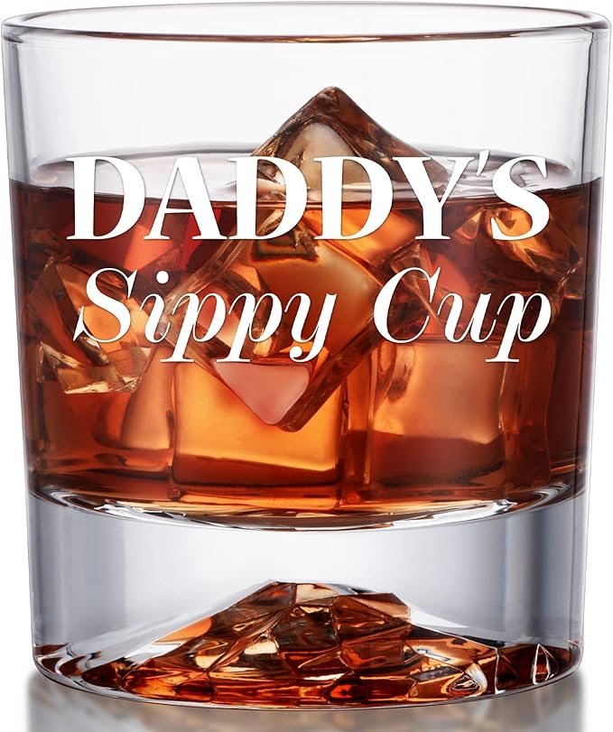PONPUR Gifts for Dad Men Christmas, Daddy's Sippy Cup Whiskey Glass, Funny Birthday Gag Dad Husband Gifts Ideas from Daughter Son Kids, Stocking Stuffers, Bourbon Scotch Gift for Expecting Father