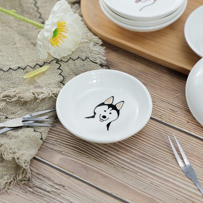 Funny Dogs Head and Butt Pattern Ceramic Sauce Dishes, Seasoning Dishes, Sushi Soy Dipping Bowls, Appetizer Plates, Dessert Plates, Little Cat Bird Feeding Bowls, Set of 6-Dogs-3.5 Inch