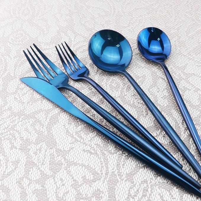 Gugrida Portable Silverware Set - 5-Piece Flatware Cutlery Set - 18/10 Stainless Steel - Mirror Polishing Blue - Travel Elegant Modern Utensils - Service for 1 Include Steak Knife Dinner Fork Spoon