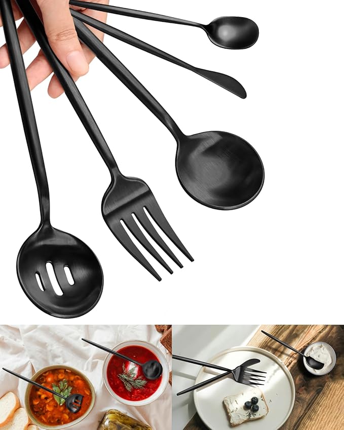 Serving Utensils,5 Pieces Matte Black Hostess Serving Utensil Set with Round Stainless Steel Serving Spoon,Slotted, Sugar Spoon,Butter Knife for Parties Buffet Banquet,Dishwasher Safe