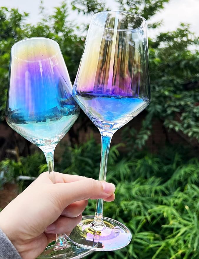 Iridescent Wine Glasses Set of 4-15oz Wine Glass, Hand Blown Crystal Red Wine or White Wine Glass, Gifts for Women, Men, Wedding, Anniversary, Christmas, Birthday, Gift Packaging