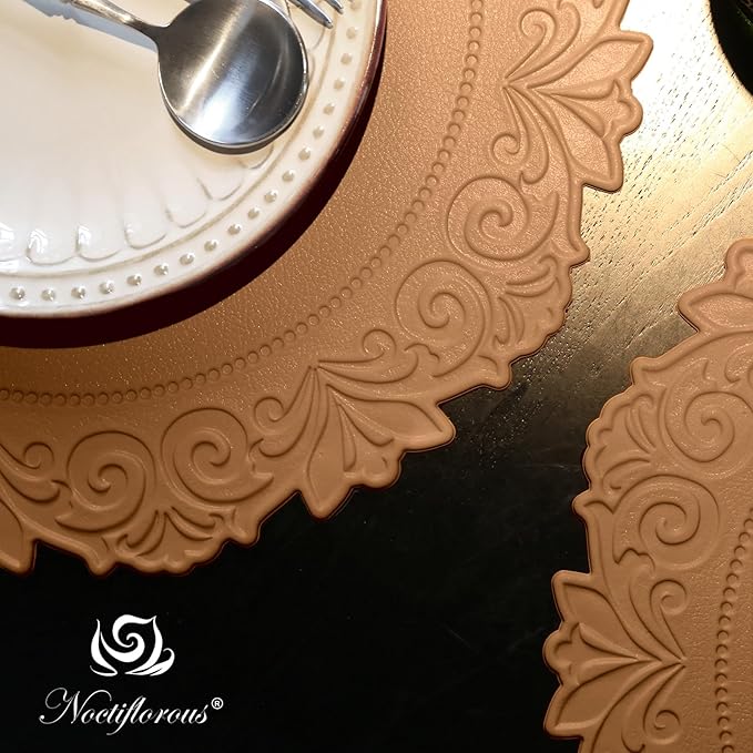 Noctiflorous Round Faux Leather 15 Inch Placemats Set of 4 Waterproof Wipeable Heat Resistant Tablemat for Dining Table Kitchen Non Slip Washable Oilproof Table Place Mat(Umber Brown, 4)