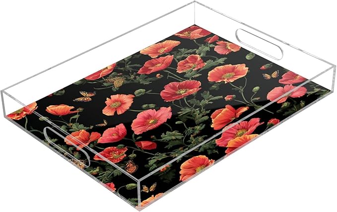 Serving Tray with Handles Clear Acrylic Tray 12x16 Inch Decorative Rectangular Tray Organizer for Ottoman Coffee Table Bathroom Black Poppy Butterfly