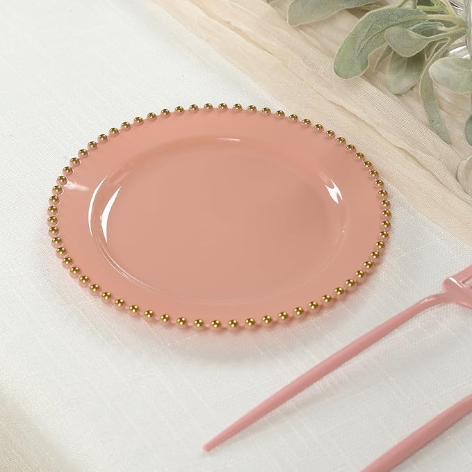 8" Salad Plates - Set of 10 - Plastic Dusty Rose Round Disposable Dessert Appetizer Plate with Gold Beaded Rim, Ideal for Dinner Party Wedding Bulk Events