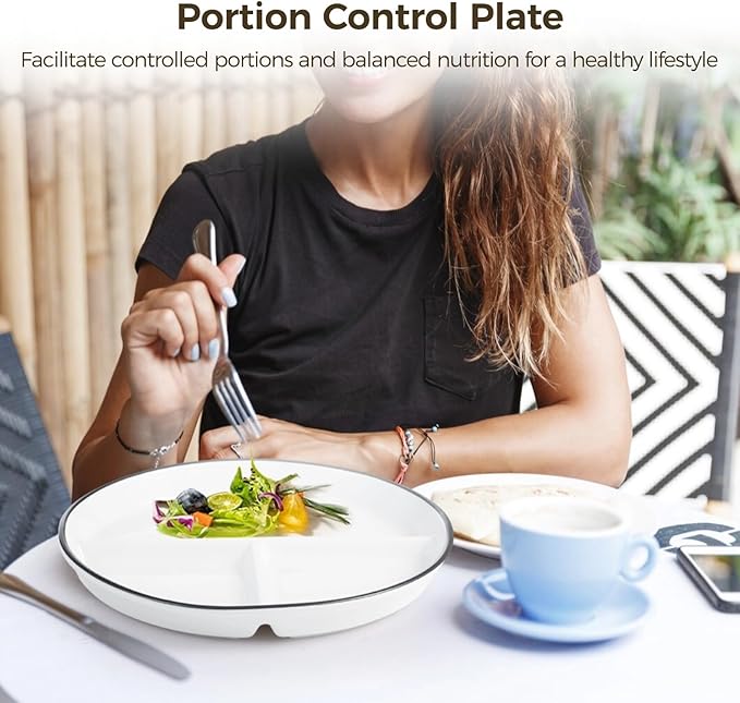 OMISTAR 2 Pcs Portion Control Plates, 9.3" Ceramic Divided for Adults, Porcelain Dinner Diet, White for Balanced Meals, Diabetes and Weight Loss