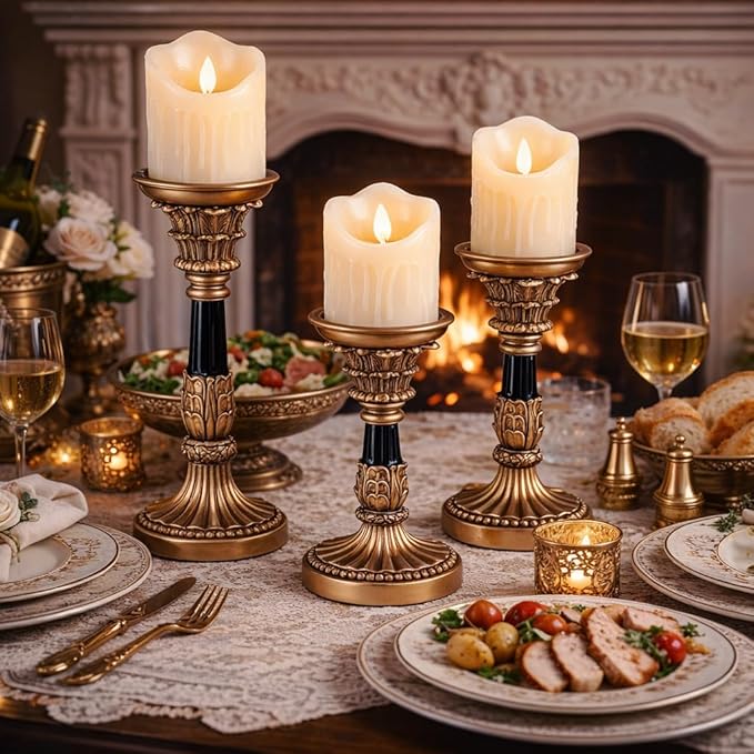 Resin Candle Holder Set of 3 - Christmas Home Pillar Candle Holder, Candles Rustic Wooden Farmhouse, Coffee Table Centerpiece, Suitable for Fireplace, Living Room, or Dining Table