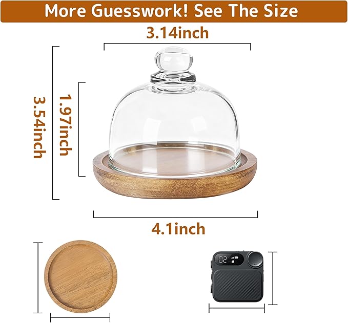 2 Pack Ultra Mini Wooden Base Cake Display Stand with Glass Dome,Cloche Clear Glass Bell Jar Cover for Dessert Cheese Candy Plants Succulents (4.1 x 3.7 inch)