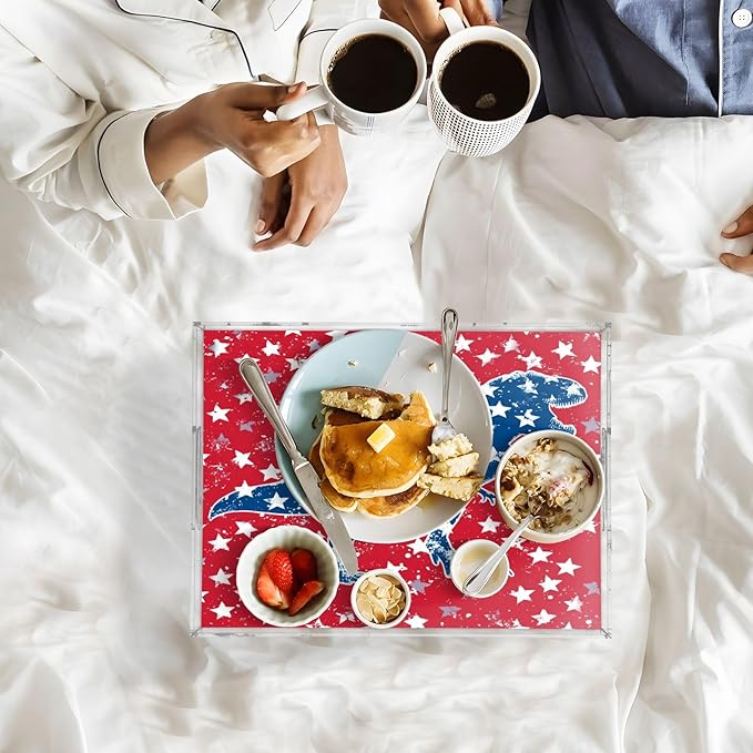 Serving Tray with Handles Clear Acrylic Tray 12x16 Inch Decorative Rectangular Tray Organizer for Ottoman Coffee Table Bathroom Red T-rex and Us Flag Stars