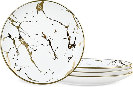 fanquare 10" Gold Marble Dinner Plate, Modern Ceramic Dishes Set for 4, Large Porcelain Plates Set, Round Kitchen Serving Plates, Dishwasher Safe