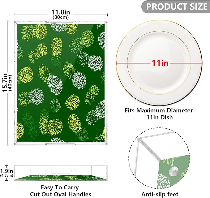 Serving Tray with Handles Clear Acrylic Tray 12x16 Inch Decorative Rectangular Tray Organizer for Ottoman Coffee Table Bathroom Green Pineapple