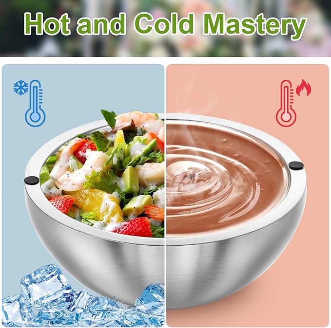 Dip Bowl,Large 70 oz Heat Insulated Stainless Steel Bowls Ideal for Guacamole Salsa,Double Walled Insulated Cold or Hot Serving Bowl for Parties outdoor
