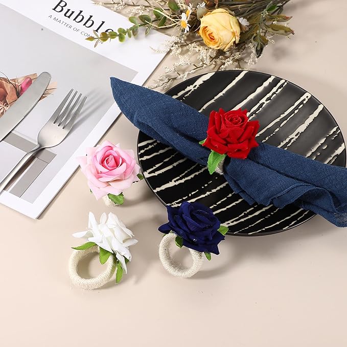 uxcell 4Pcs Flower Napkin Rings, Handmade Rose Napkin Ring Holders Buckles Table Decorations for Christmas Thanksgiving Valentine Decor Wedding Parties, Banquet, Home, Red