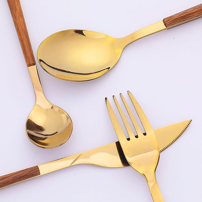 4 Piece Silverware Set, Stainless Steel Flatware, Mirror Polished Cutlery Set with Knife, Serving Utensils Set for Kitchen Eat 4 PCS Gold