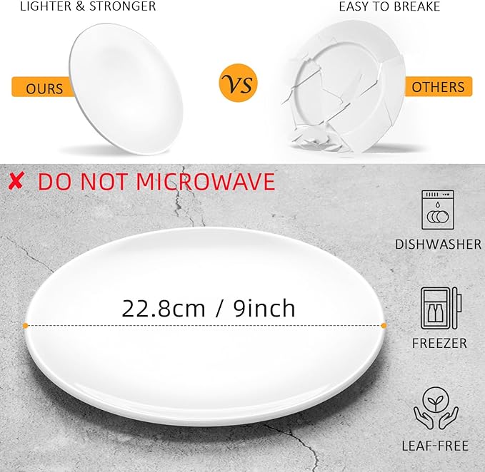 9 Inch White Melamine Plates Flat Bottom Deep Round Dinner Plates Salad and Dessert Plates Lightweight Durable and Easy to Clean,Non Ceramic Disc Pad Set of 6,PYW-9-06