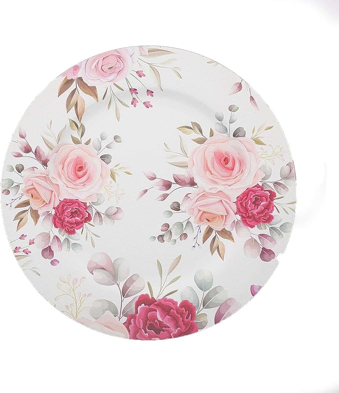 Efavormart 6 Pack | 13" Rose Flower Design Plastic Serving Plates, Disposable Spring Floral Print Charger Trays