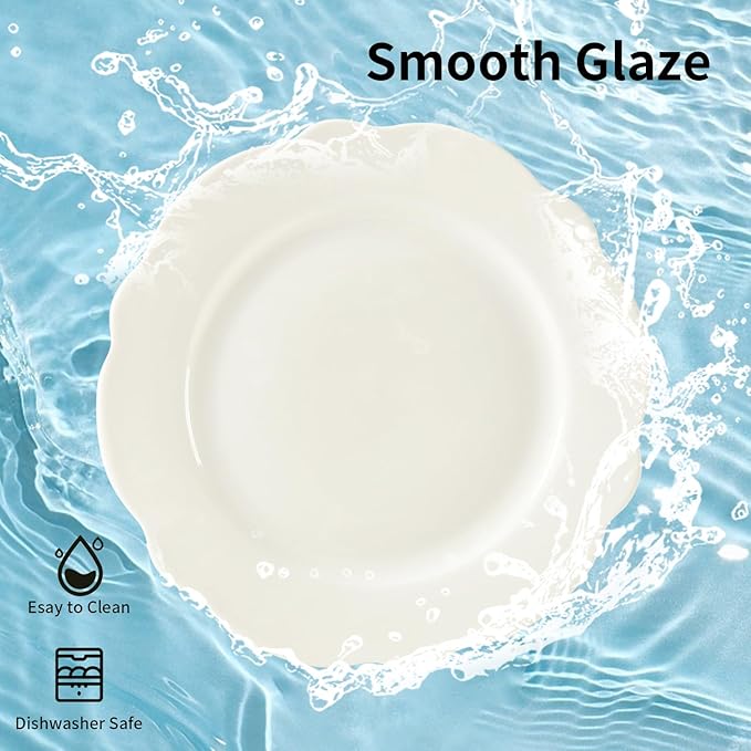 7.5 Inch Ceramic Dessert Plates Set of 12, White Leave Wave Rim Porcelain Appetizer Plate, Small Dinner Serving Plates for Cake, Salad, Side Dishes, Snacks, Oven and Dishwasher Safe