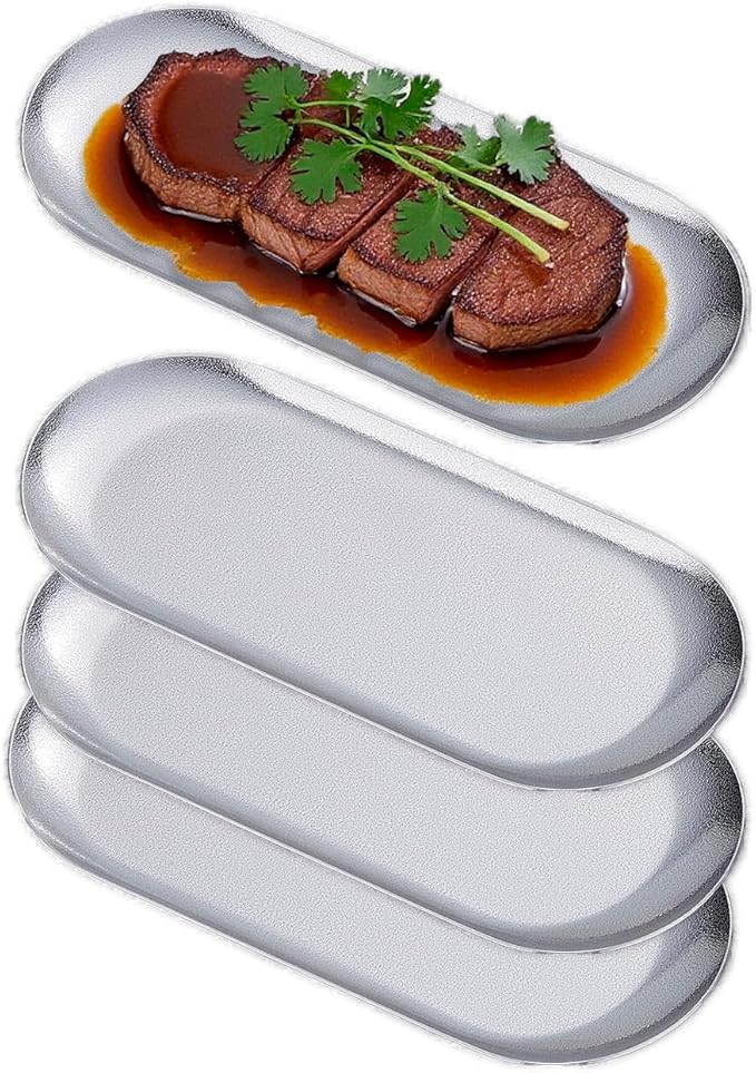 8.5X3.7 inch ellipse Appetizer Plates,thick stainless steel Dinner Plates, Pasta Dessert Plates for Sushi, Fruit oven/Dishwasher Safe, Set of 4,silver