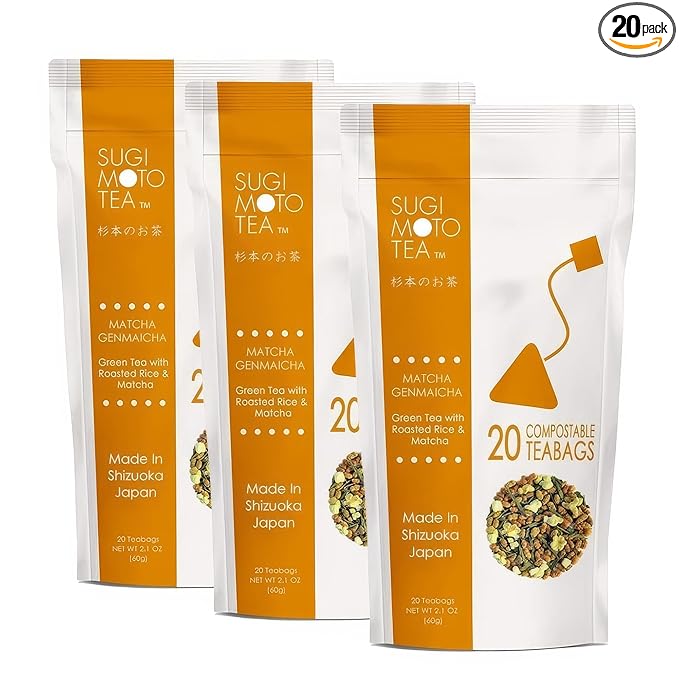 SUGIMOTO TEA Japanese Genmaicha with Matcha Green Tea Bags 20 Count Pack of 3