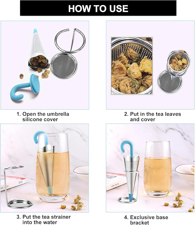 Numola 2Pcs Reusable Umbrella Tea Infuser with Drip Tray for Tea Cups, Mugs and Teapots, Stainless Steel Fine Mesh Tea Strainer with Silicone Lid for Loose Tea (Red & Blue)
