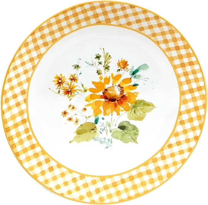 Unknown1 11" Dinnerware Plates Set of 4 X Multi Color White Yellow Floral Casual Farmhouse Round Ceramic Piece