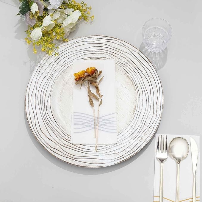 Efavormart 6 Pack | 13" White Washed Rose Embossed Faux Wood Plastic Charger Trays, Round Disposable Serving Plates