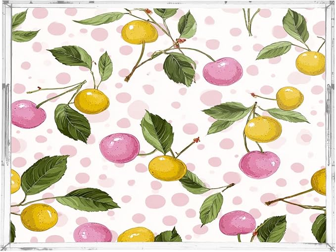 Serving Tray with Handles Clear Acrylic Tray 12x16 Inch Decorative Rectangular Tray Organizer for Ottoman Coffee Table Bathroom Cute Cherry Pink Dots
