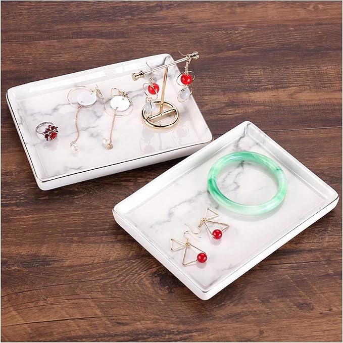 Tray Coffee Table Serving Tray Ceramics White Marble Finish with Silver Edge for Living Room Bedroom Decoration 7 Inch Serving Tray