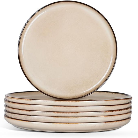 E-far 8” Ceramic Salad Plates Set of 6, Reactive Glaze Stoneware Dishes, Round Dessert Plate for Home Kitchen Restaurant, Microwave & Dishwasher Safe – Sandy Beige