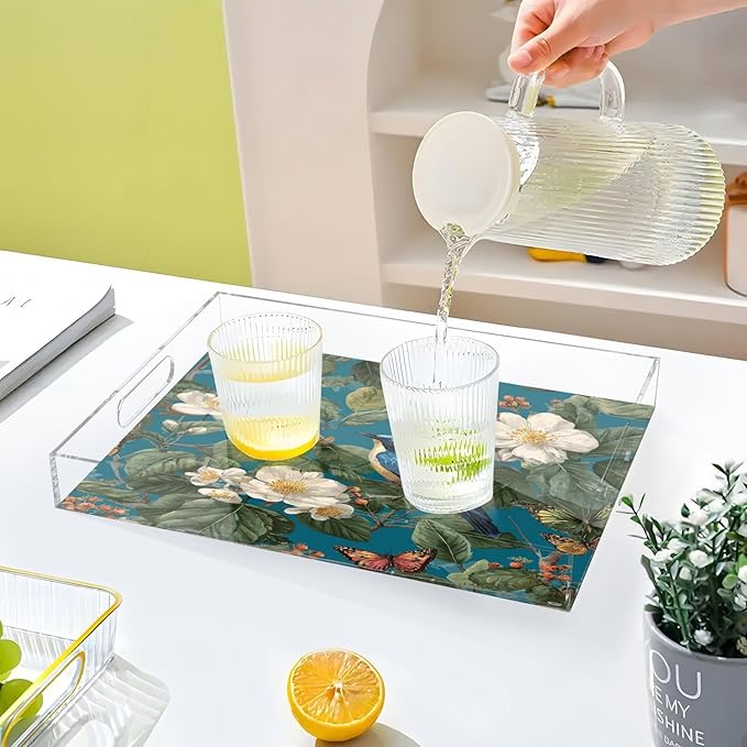 Serving Tray with Handles Clear Acrylic Tray 12x16 Inch Decorative Rectangular Tray Organizer for Ottoman Coffee Table Bathroom Vintage Blue Bird Flowers Butterflies