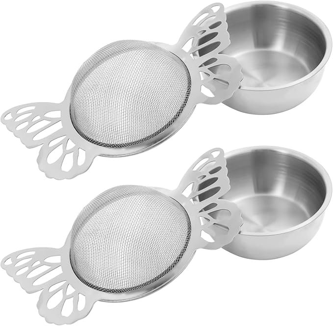 VEIREN 2 Pieces Tea Strainers with Drip Bowl Stainless Steel Loose Leaf Tea Filter with Butterfly Handle Reusable Fine Mesh Tea Interval Diffuser for Loose Leaf Coffee Herbal Spice(Style B, Silver2)