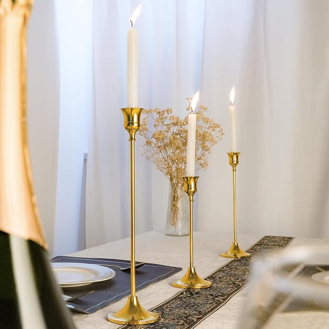 Metal Candle Holders for Candlesticks Taper Candlestick Holders Set Vintage Decorative Centerpiece Candelabra Tall Candle Stands (Gold, 4 Sets (12 pcs))