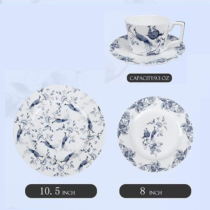 ceramic plate set for 4, 16 piece bone china dinnerware set, blue and white floral bird porcelain dishes sets for wedding, housewarming, hotel