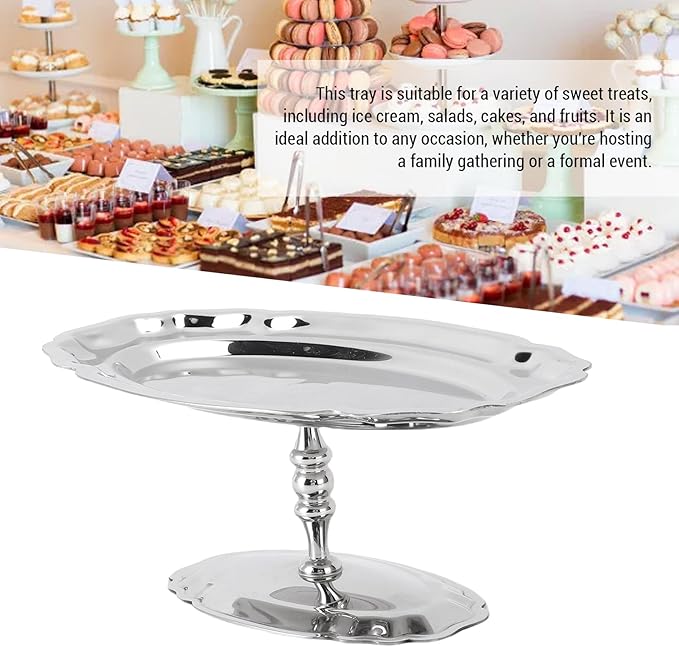 Footed Dessert Serving Tray, Silver Oval Serving Tray, Sturdy Steel Dessert Platter, Elegant Compact Fruit Cake Holder for Home Kitchen Hotel Restaurant Wedding