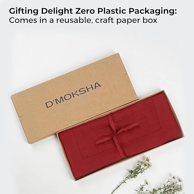 D'Moksha Homes Linen Red Table Runner 60 Inches - Classic Hemstitch, 100% Pure Linen Coffee Table Runner 14 x 60 Inch Ideal for Dresser Tables - Winter, Christmas, Holiday, New Year