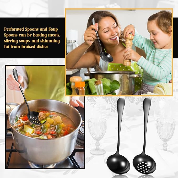 19 Pieces Serving Flatware Set Including Stainless Steel Spatulas, Forks, Spoons, Perforated, Soup, Skimmers Spoon, Buffet Tongs, Heavy Duty Serving Tongs for Home(Black)