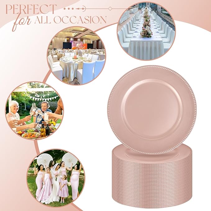 fani 50 Pcs Rose Gold Charger Plates Bulk, 13'' Round Beaded Dinner Charger Plates, Plastic Reusable Vintage Table Decoration for Wedding, Party, Reception, Event, Holiday Supplies