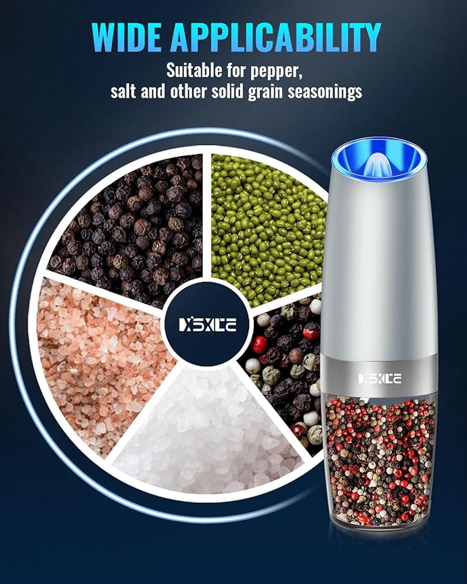 XinXu Gravity Electric Pepper and Salt Grinder Set, Adjustable Coarseness, with LED Light, One Hand Automatic Operation (Set/Light Grey X)