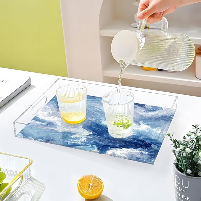 Serving Tray with Handles Clear Acrylic Tray 12x16 Inch Decorative Rectangular Tray Organizer for Ottoman Coffee Table Bathroom Blue Swirling Fluid