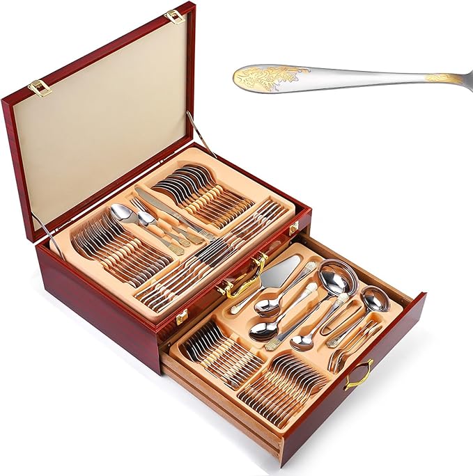 72/84 PCS Luxury Flatware Set, in a Flatware Organizer for Drawer, Silverware Flatware Serving Set for 12 with Gold Accents for Formal Events, Parties(D,84pcs)