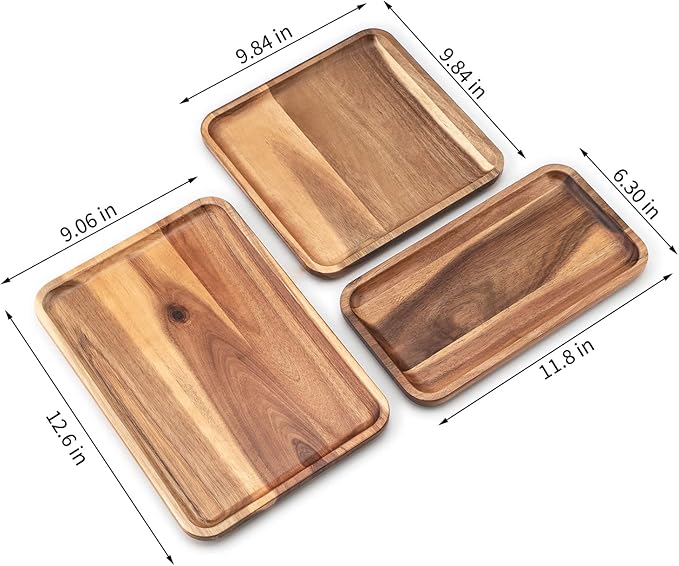 BF BILL.F SINCE 1983 Acacia Wood Rectangular Serving Tray Set of 3, Elegant Farmhouse Style