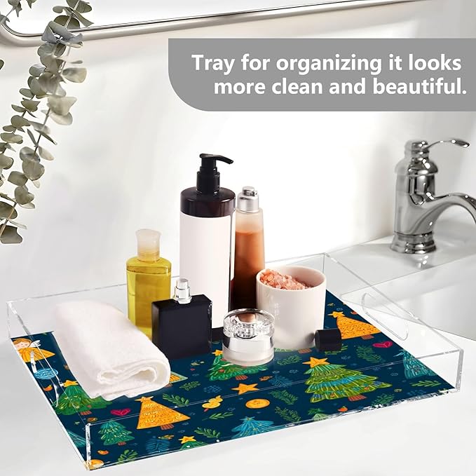 Serving Tray with Handles Clear Acrylic Tray 12x16 Inch Decorative Rectangular Tray Organizer for Ottoman Coffee Table Bathroom Blue Christmas Tree and Love Star