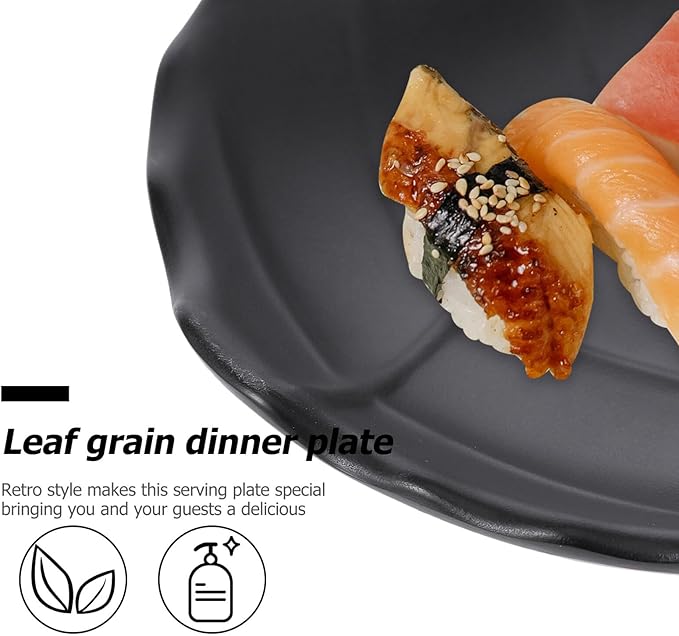 COHEALI Leaf Pattern Snack Plate Japanese Style Dessert Salad Appetizer Plate Black Ceramic Household Tableware for Serving Snacks and Sauces