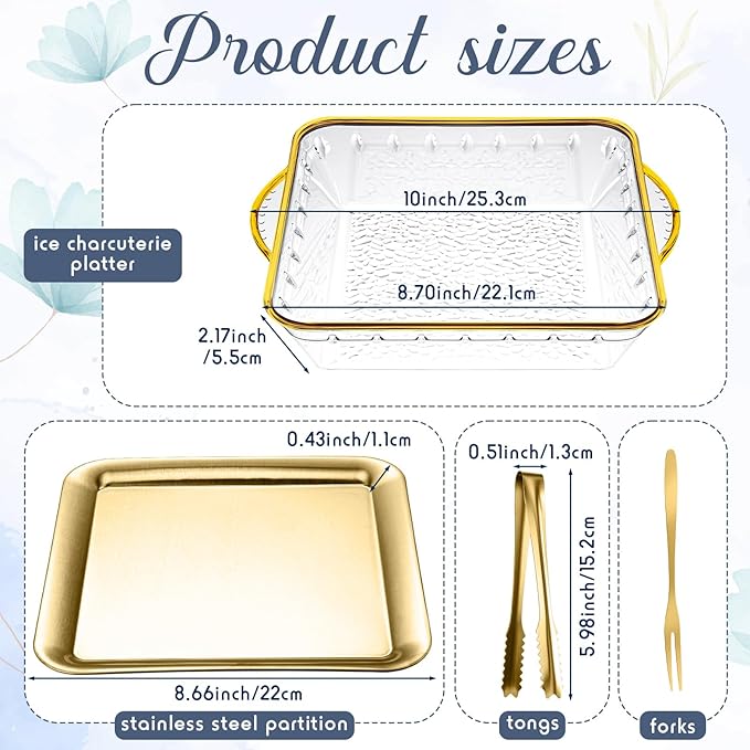 Baderke 9" Chilled Serving Tray for Christmas Parties Ice Chilled Party Platter Charcuterie Serving Board Cold Dish Dip with Forks Tongs for Fruit Seafood Vegetable Appetizer(Gold,4 Set)