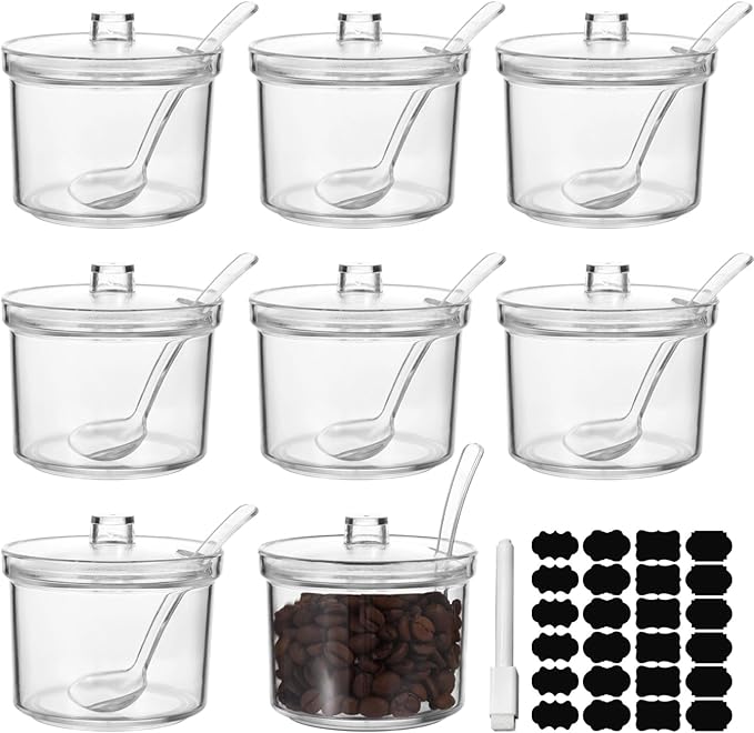 Homaisson 12 PCS Ice Cream Topping Containers with Lids - 6.7 oz Acrylic Clear Sugar Bowl for Countertop with Lid and Spoon, 200 ml Canisters with 24 Labels & Pen for Coffee Tea Tea Spice