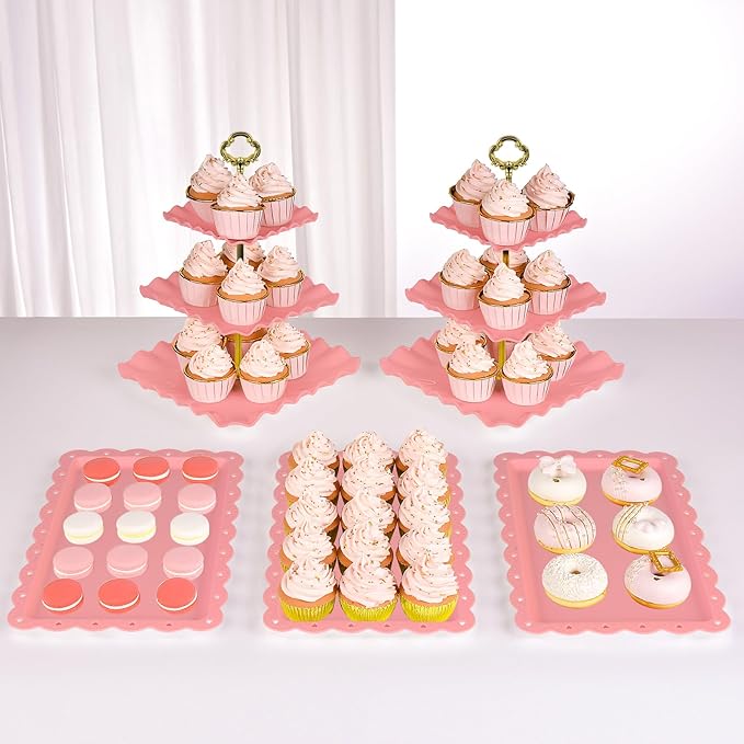 NWK 5 Piece Cake Stand Set with 2 x Large 3-Tier Cupcake Stands, 3 x Appetizer Trays, for Wedding Birthday Baby Shower Tea Party Decorations (Pink)
